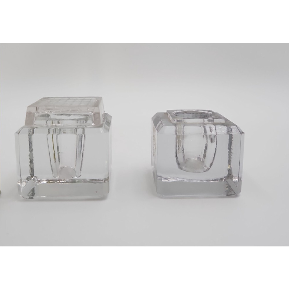 Set of 2 Vintage Glass Inkwells – Art Deco Clear Desk Paperweights, 1 w/ Lid